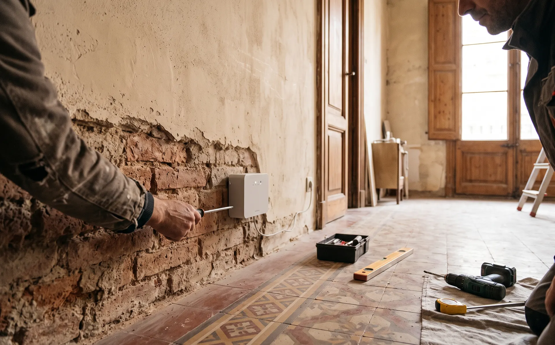 Equipo de electroósmosis instalado en una pared