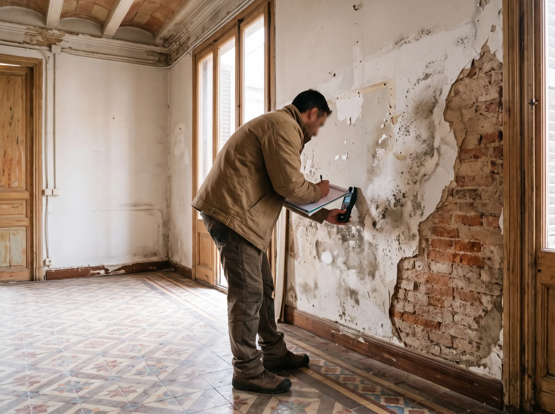 Profesional revisando una pared con humedad