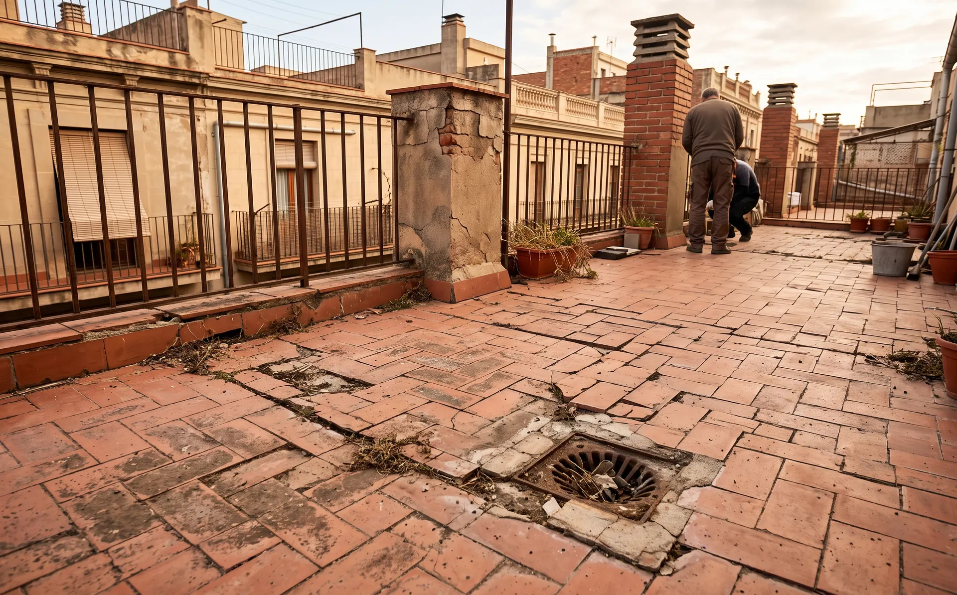 Terraza con juntas abiertas y sumidero en mal estado
