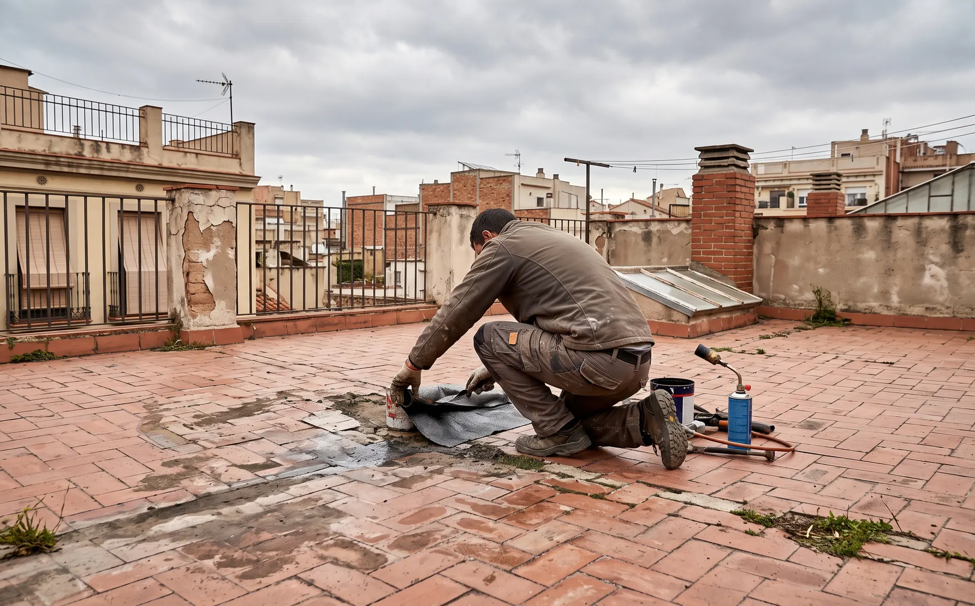 Reparación urgente de una gotera en una terraza
