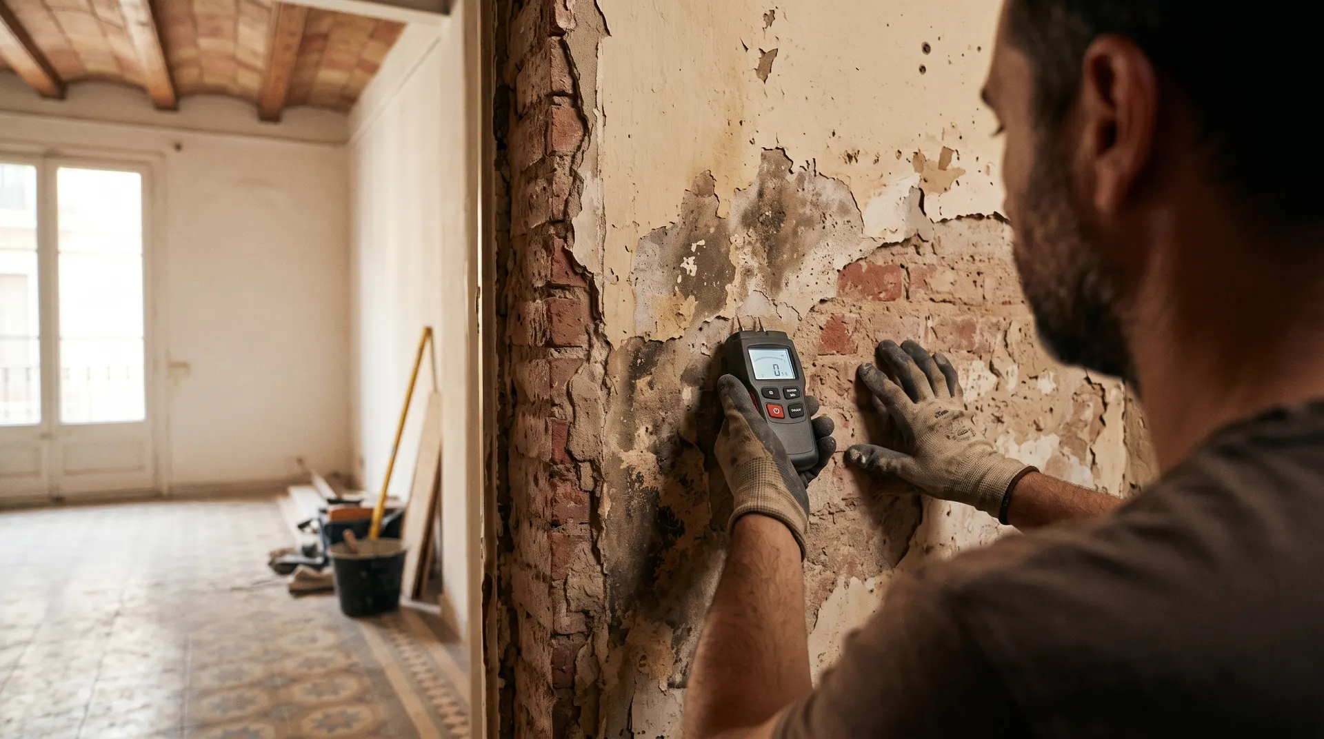 Profesional midiendo la humedad de una pared