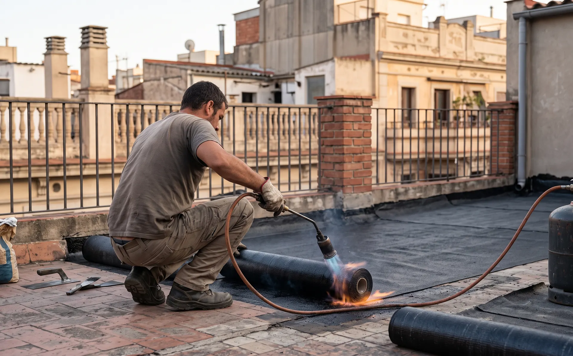 Colocación de tela asfáltica en una terraza